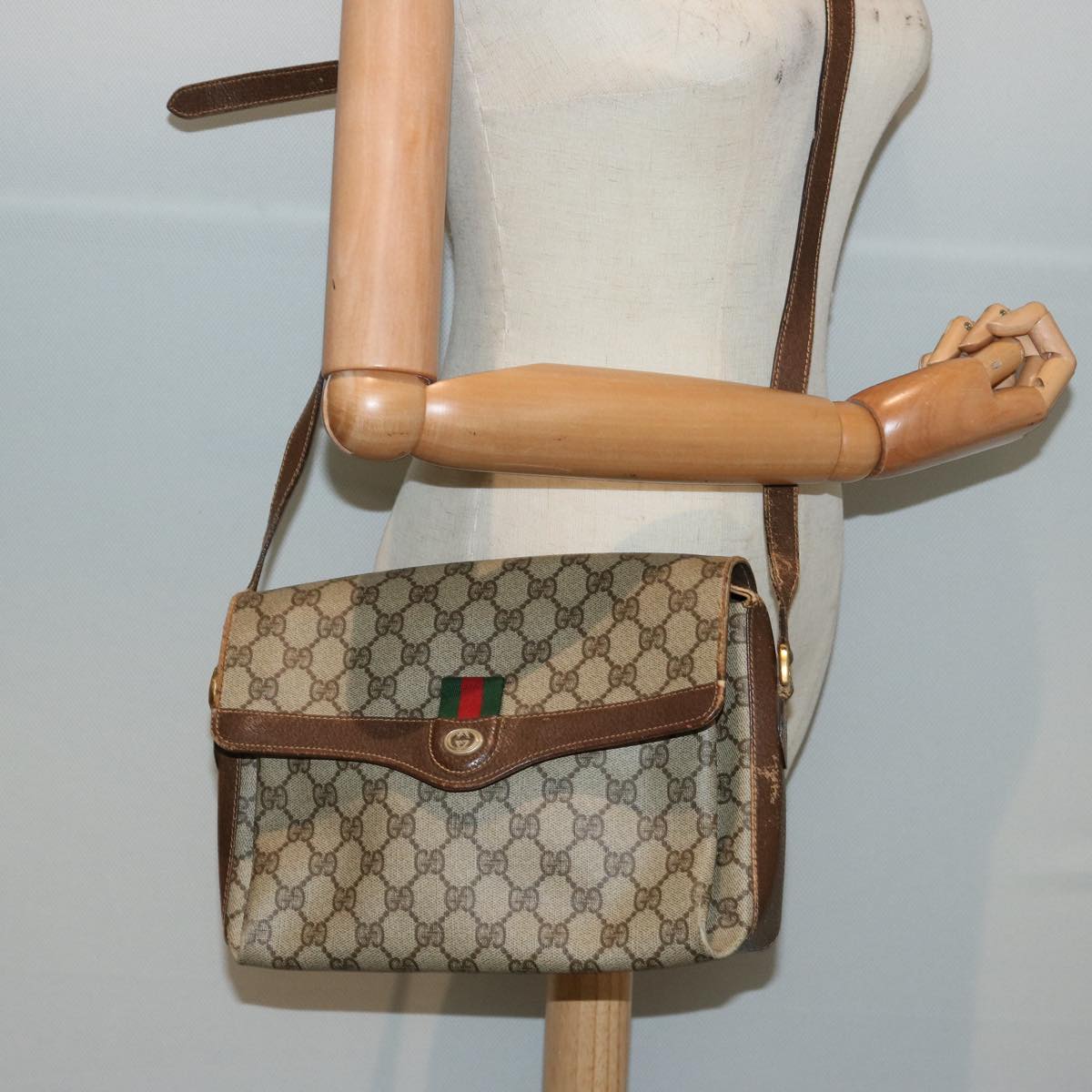 GUCCI GG Supreme Web Sherry Line Shoulder Bag PVC Beige 904 02 084 Auth 73034