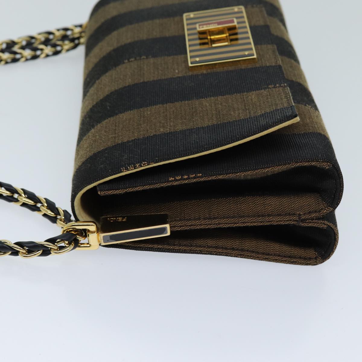 FENDI Pecan Canvas Chain Shoulder Bag Brown Black Auth 73036