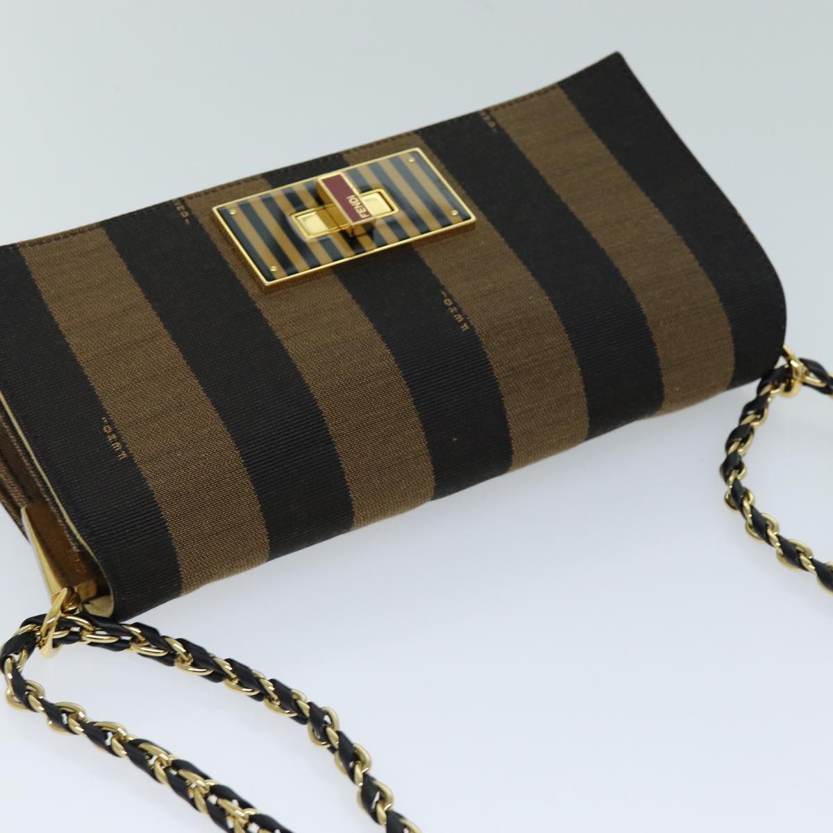 FENDI Pecan Canvas Chain Shoulder Bag Brown Black Auth 73036