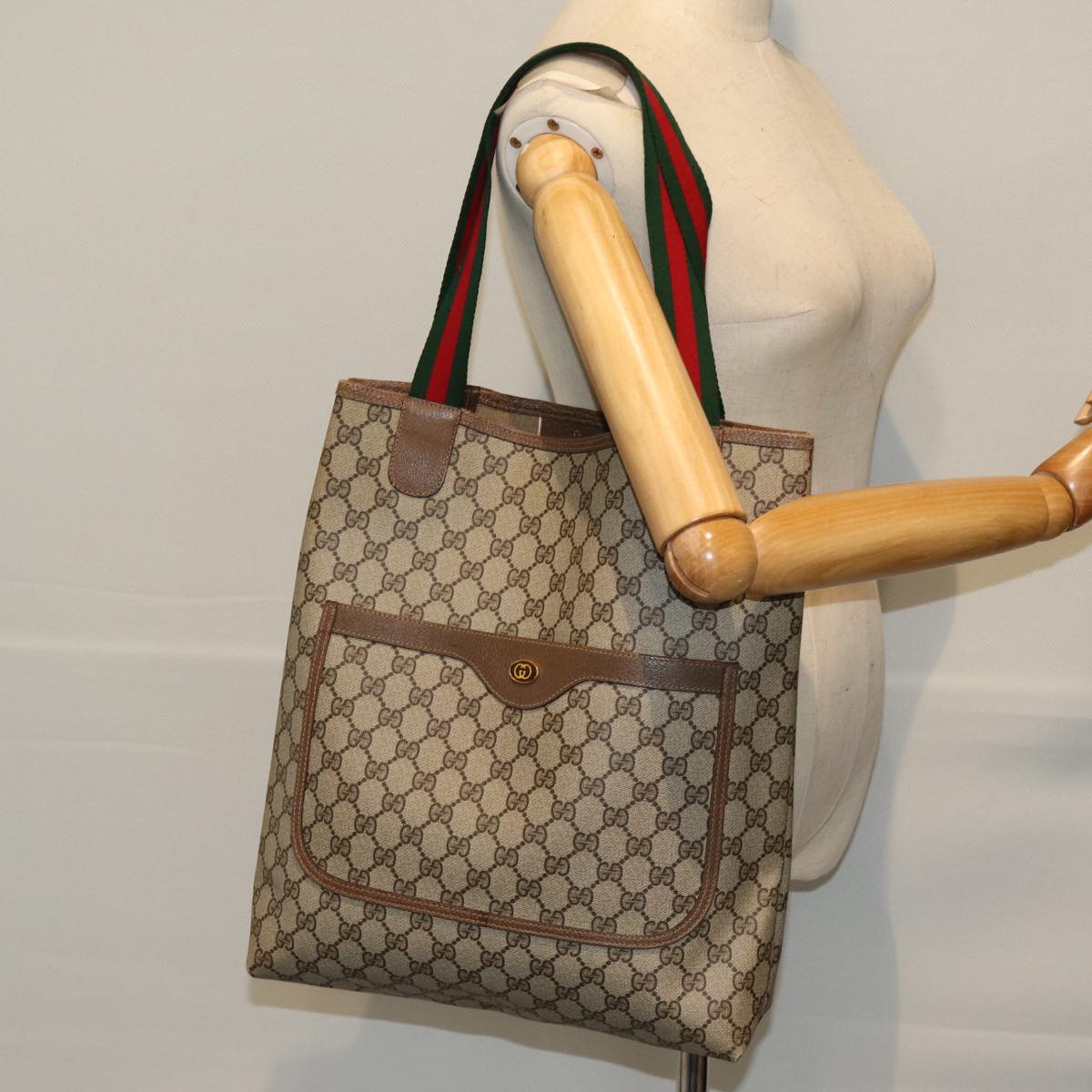 GUCCI GG Canvas Web Sherry Line Tote Bag PVC Beige Green 39 02 003 Auth 73111