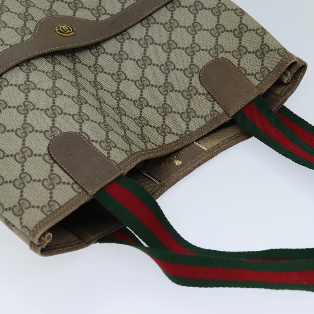 GUCCI GG Canvas Web Sherry Line Tote Bag PVC Beige Green 39 02 003 Auth 73111