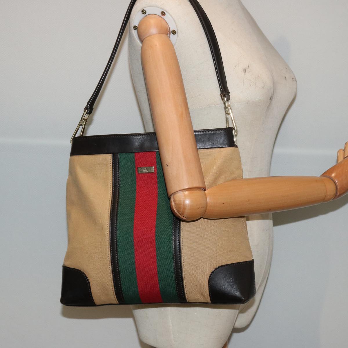 GUCCI Web Sherry Line Shoulder Bag Canvas Beige Green Red 001 4231 Auth 73115