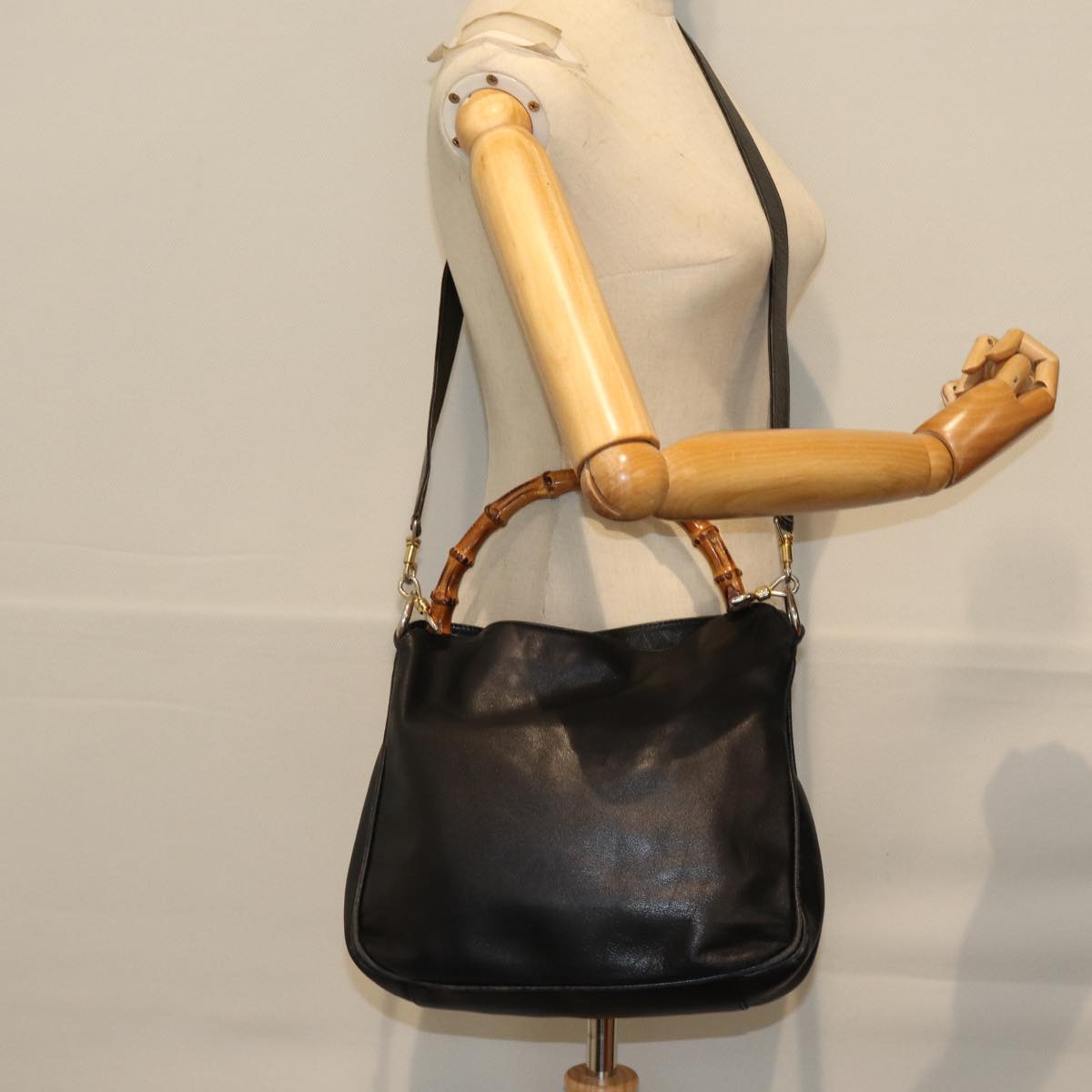 GUCCI Bamboo Shoulder Bag Leather 2way Black Auth 73164