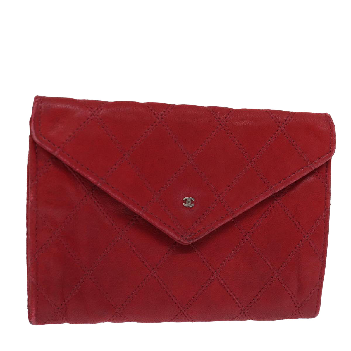 CHANEL Card Case Lamb Skin Red CC Auth 73186