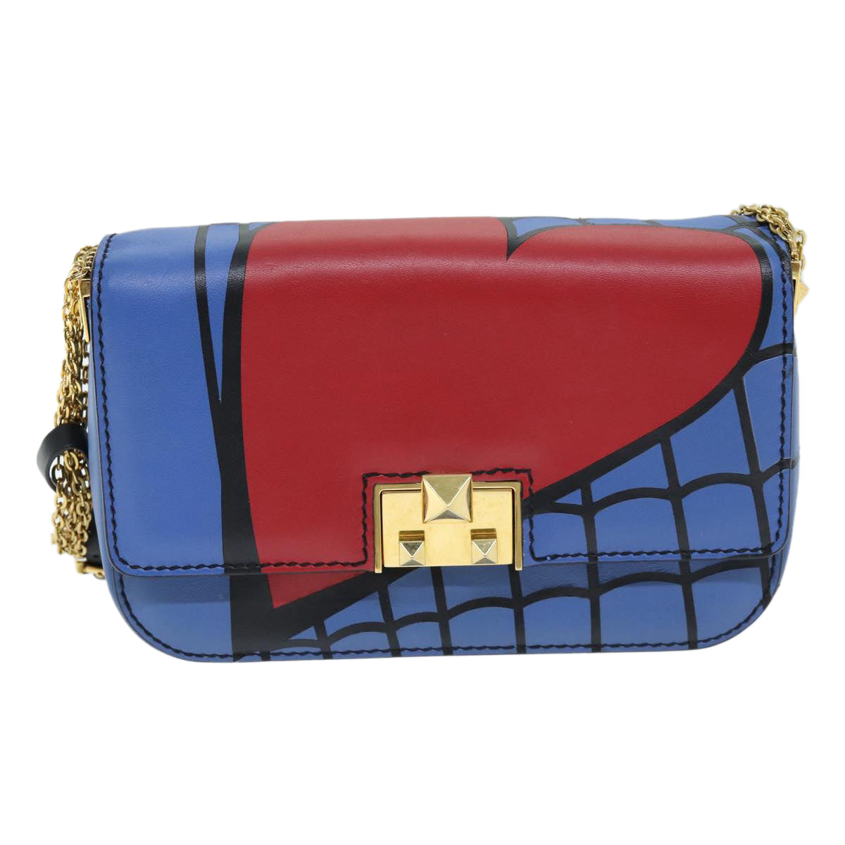 VALENTINO Chain Shoulder Bag Leather Blue Red Auth 73198A