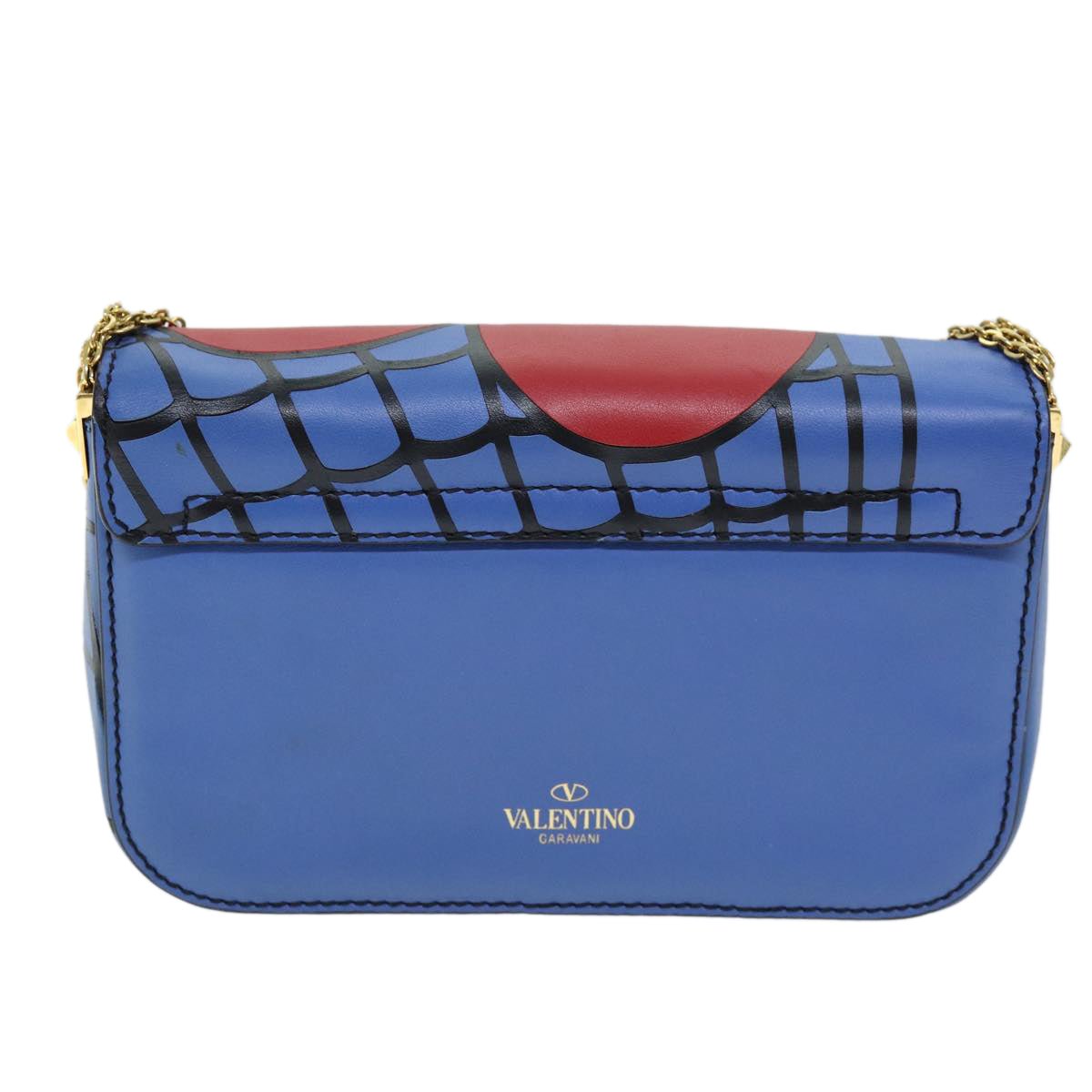 VALENTINO Chain Shoulder Bag Leather Blue Red Auth 73198A - 0