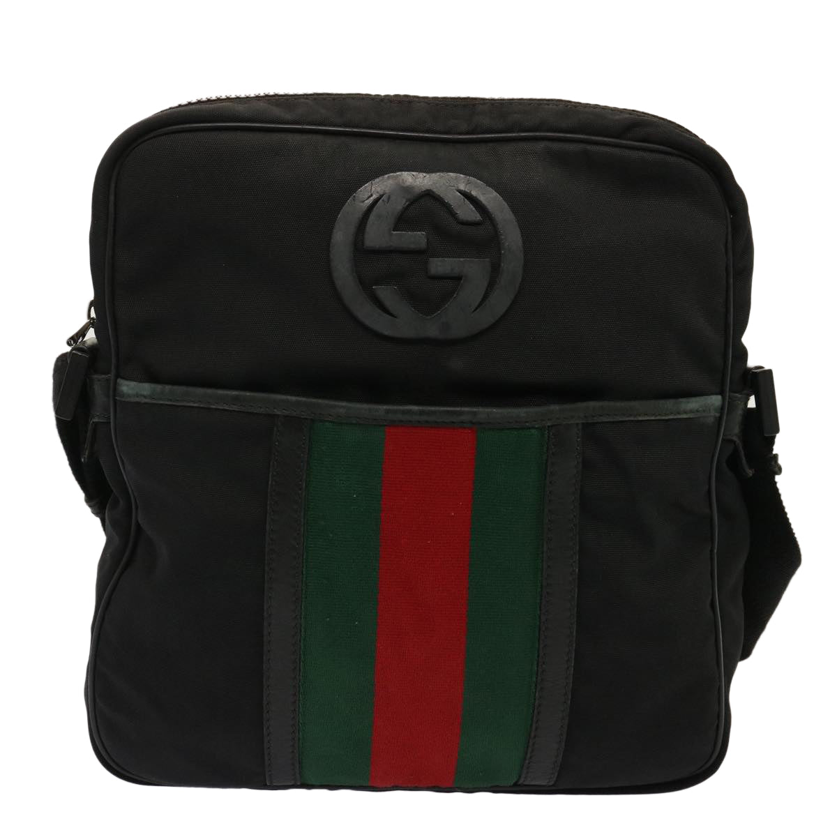 GUCCI Web Sherry Line Shoulder Bag Nylon Black Red Green 181061 Auth 73226