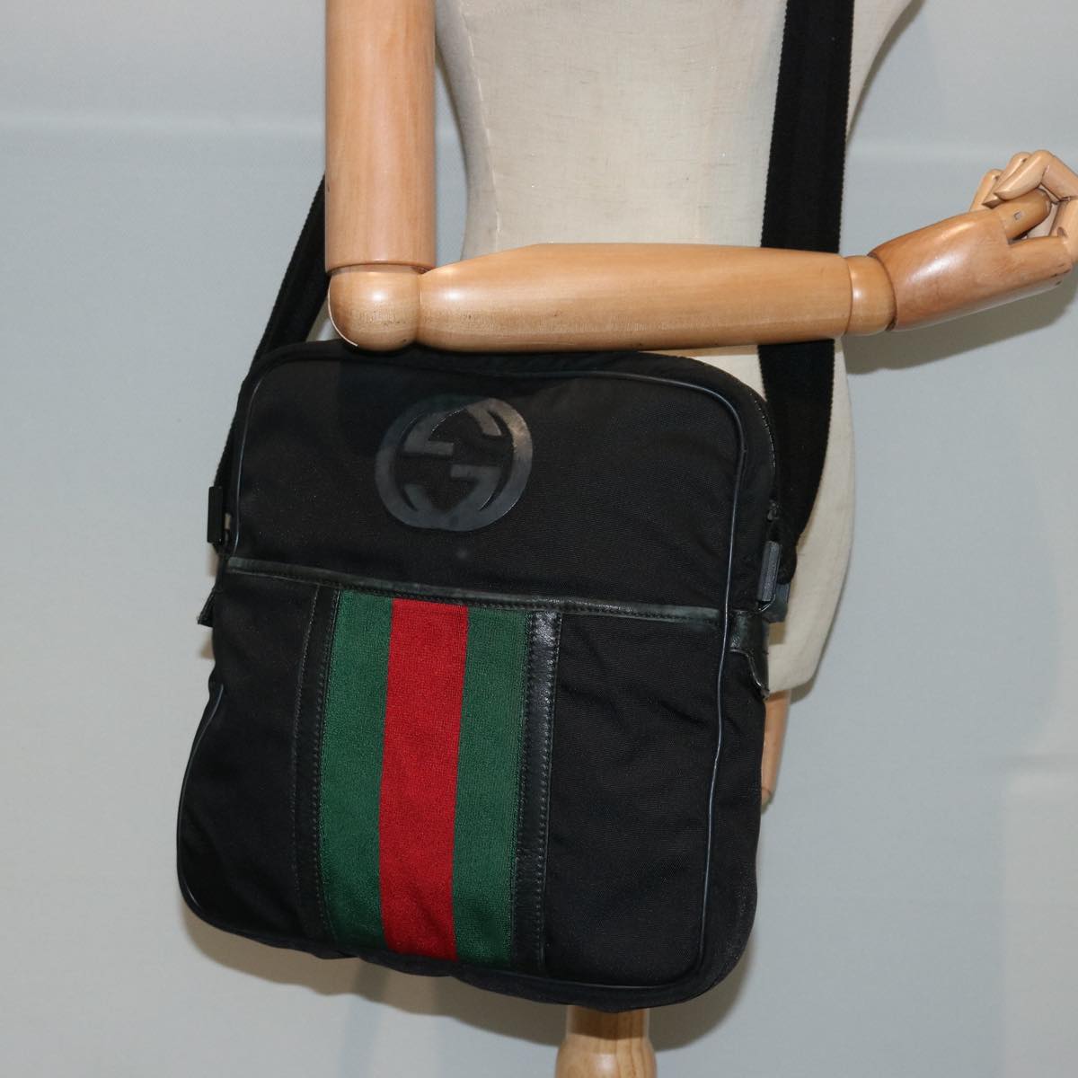 GUCCI Web Sherry Line Shoulder Bag Nylon Black Red Green 181061 Auth 73226