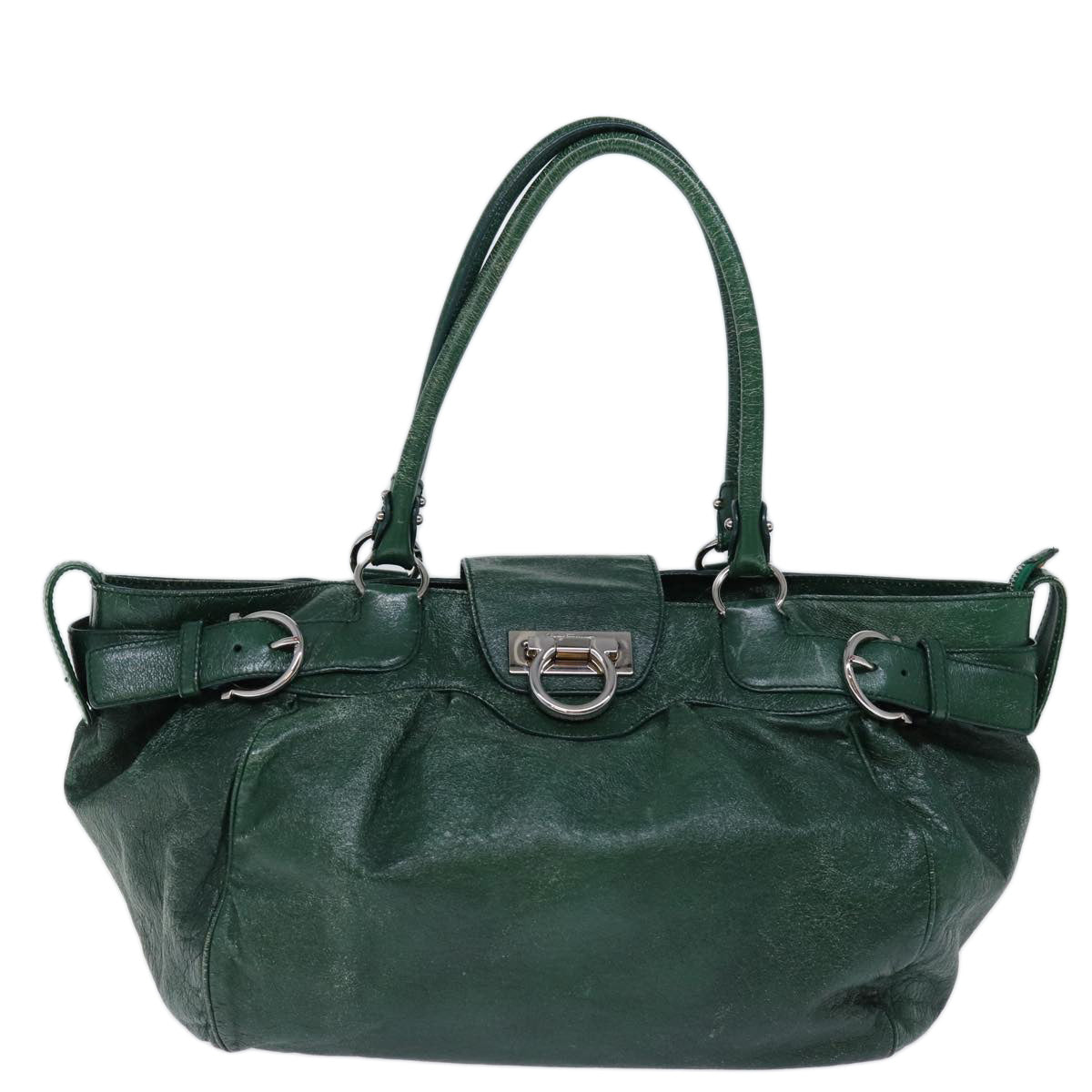 Salvatore Ferragamo Gancini Shoulder Bag Leather Green Auth 73248