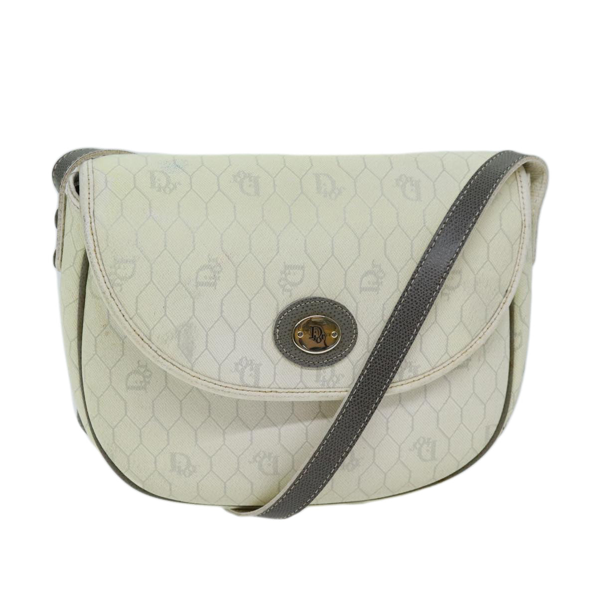 Christian Dior Honeycomb Canvas Shoulder Bag PVC Leather White Auth 73252