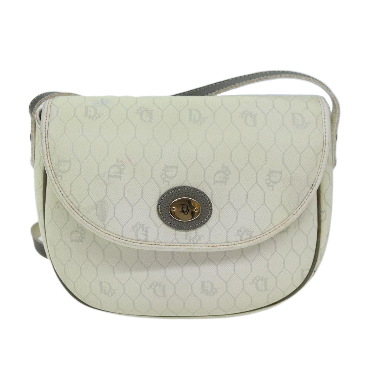 Christian Dior Honeycomb Canvas Shoulder Bag PVC Leather White Auth 73252