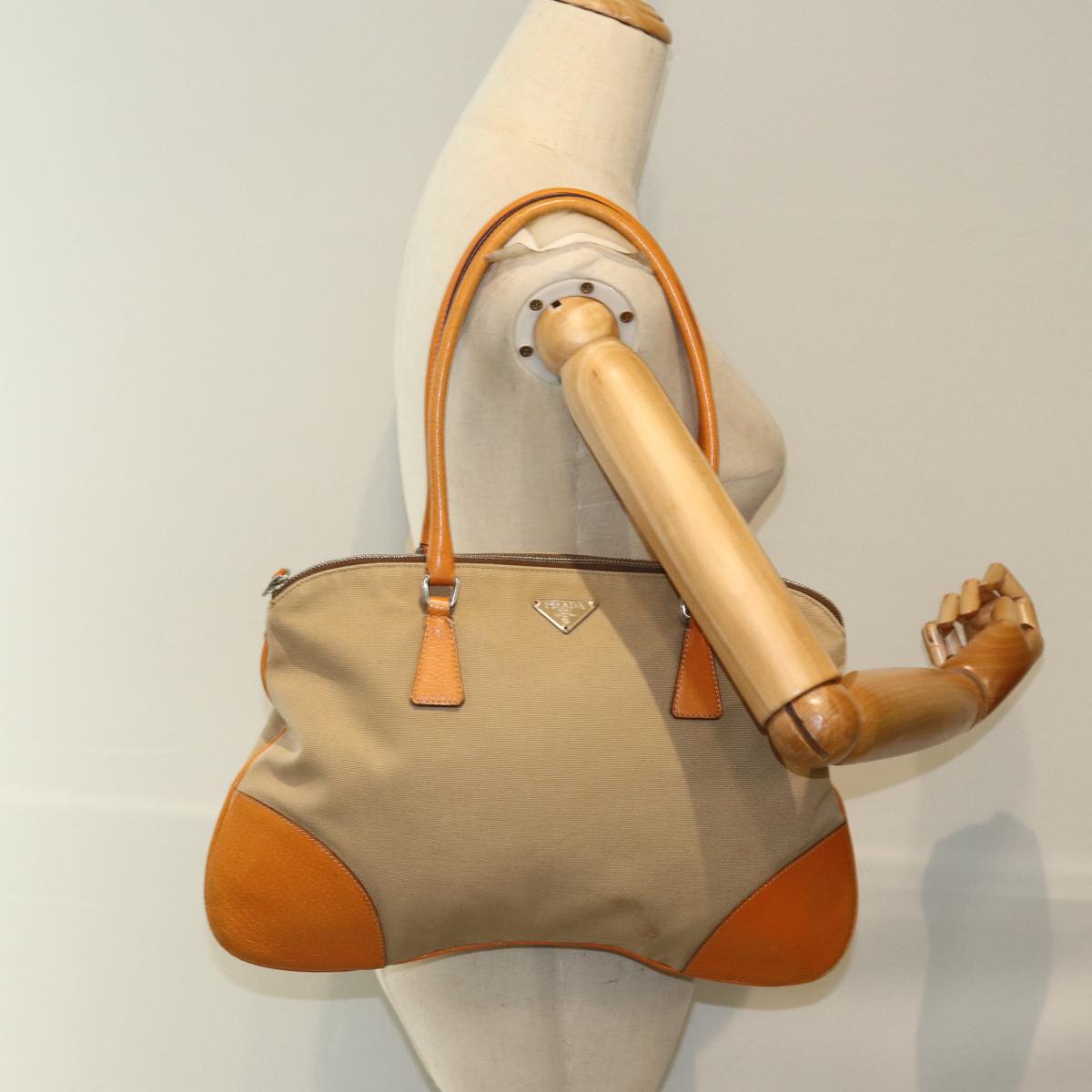 PRADA Shoulder Bag Canvas Beige Auth 73339