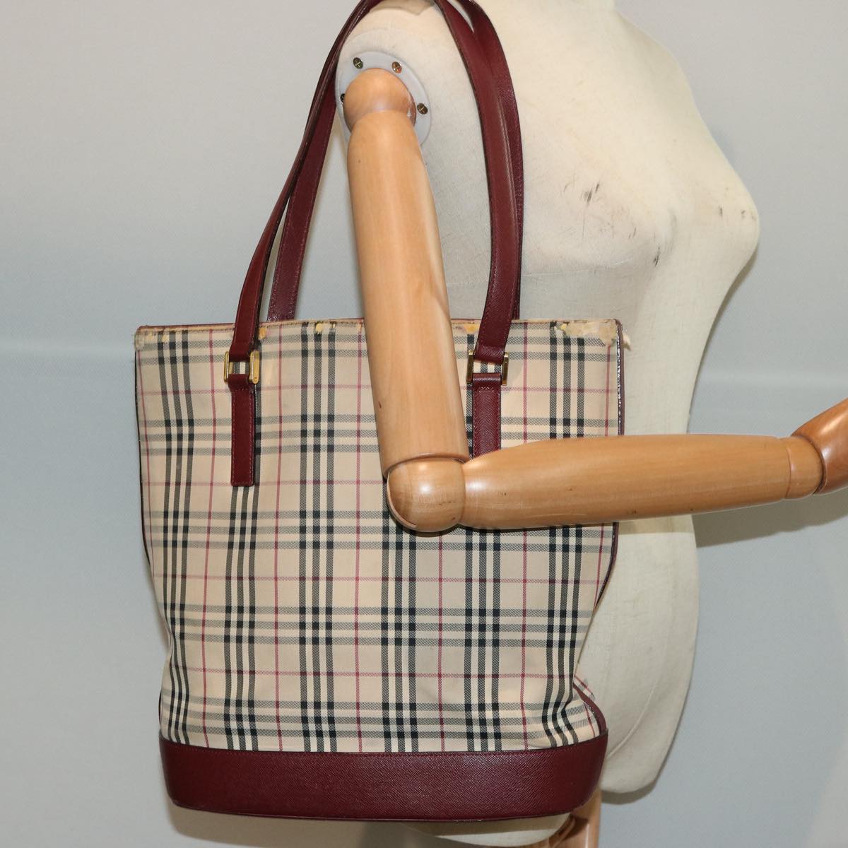 BURBERRY Nova Check Tote Bag Canvas Beige Auth 73346