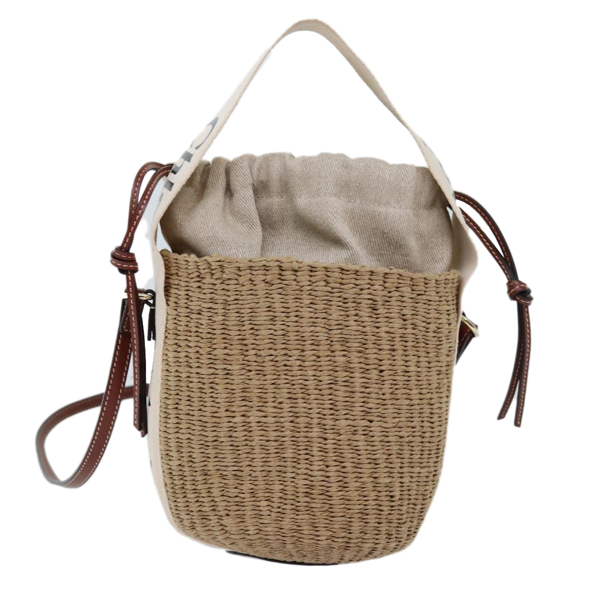 Chloe Woody Small Basket Shoulder Bag Raffia Beige Auth 73397A - 0