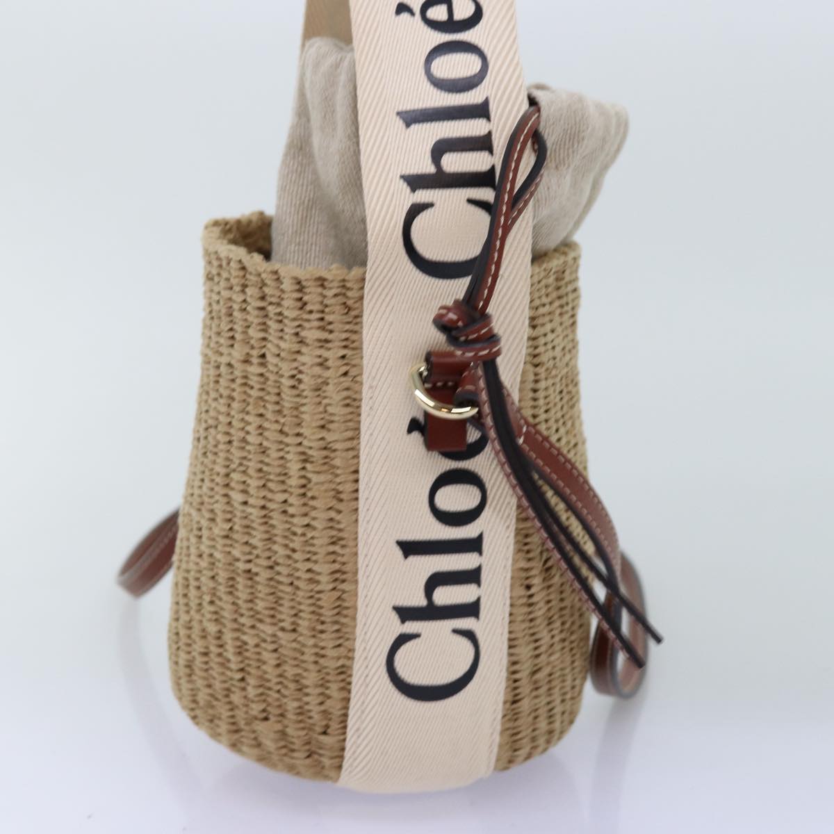 Chloe Woody Small Basket Shoulder Bag Raffia Beige Auth 73397A
