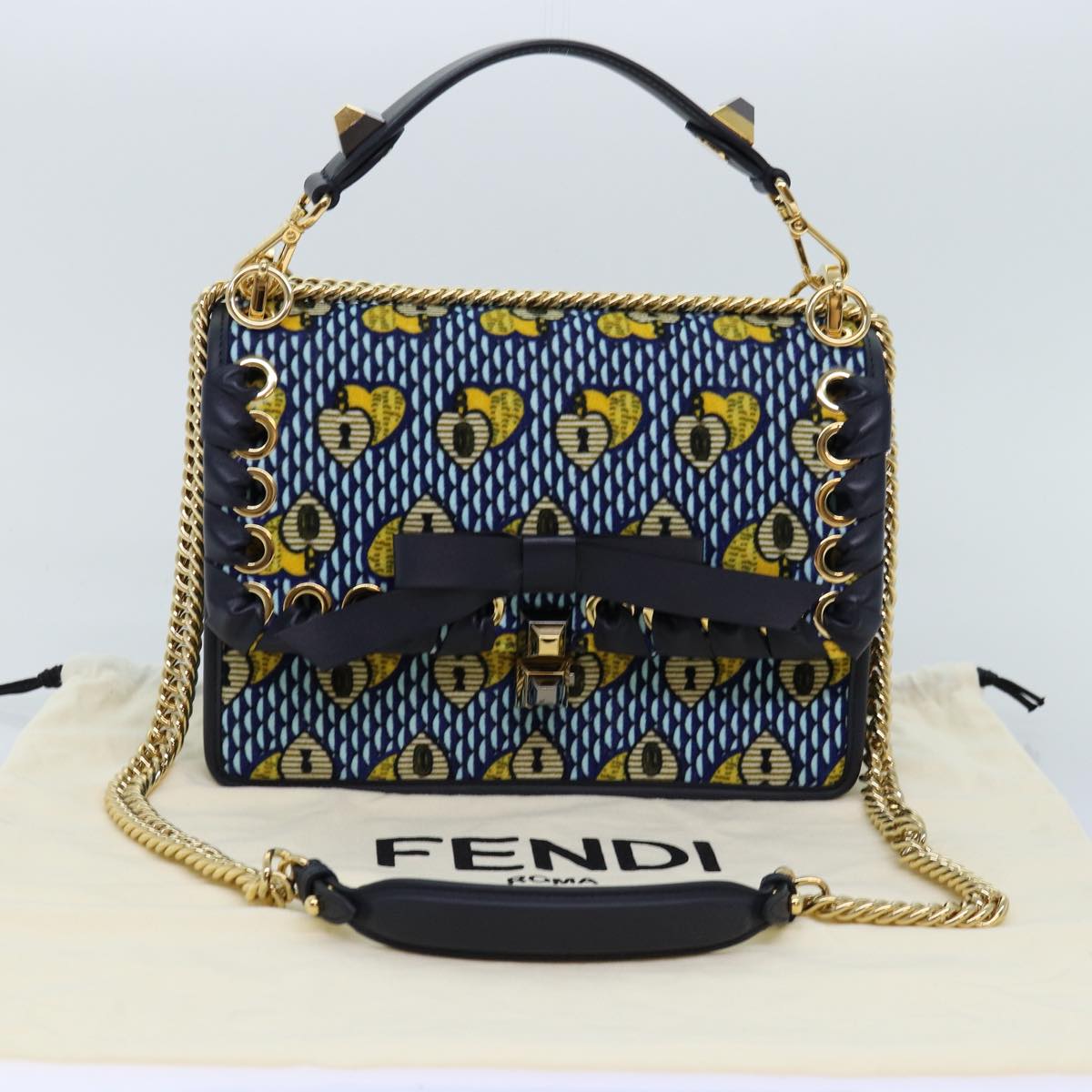 FENDI Canai Chain Shoulder Bag Suede 2way Blue Auth 73399A
