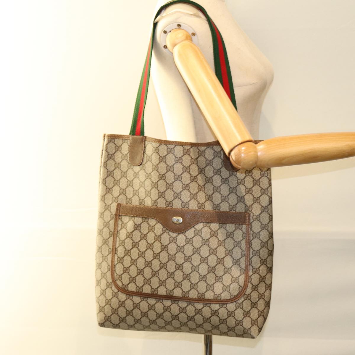 GUCCI GG Supreme Web Sherry Line Tote Bag Beige Red Green 39 02 003 Auth 73610