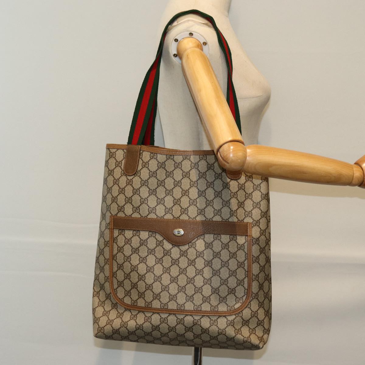 GUCCI GG Supreme Web Sherry Line Tote Bag PVC Beige Red 40 02 003 Auth 73612