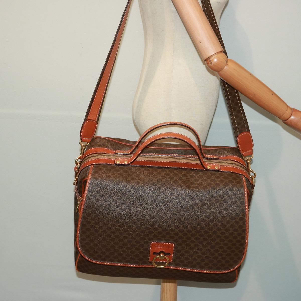 CELINE Macadam Canvas Boston Bag PVC 2way Brown Auth 73841