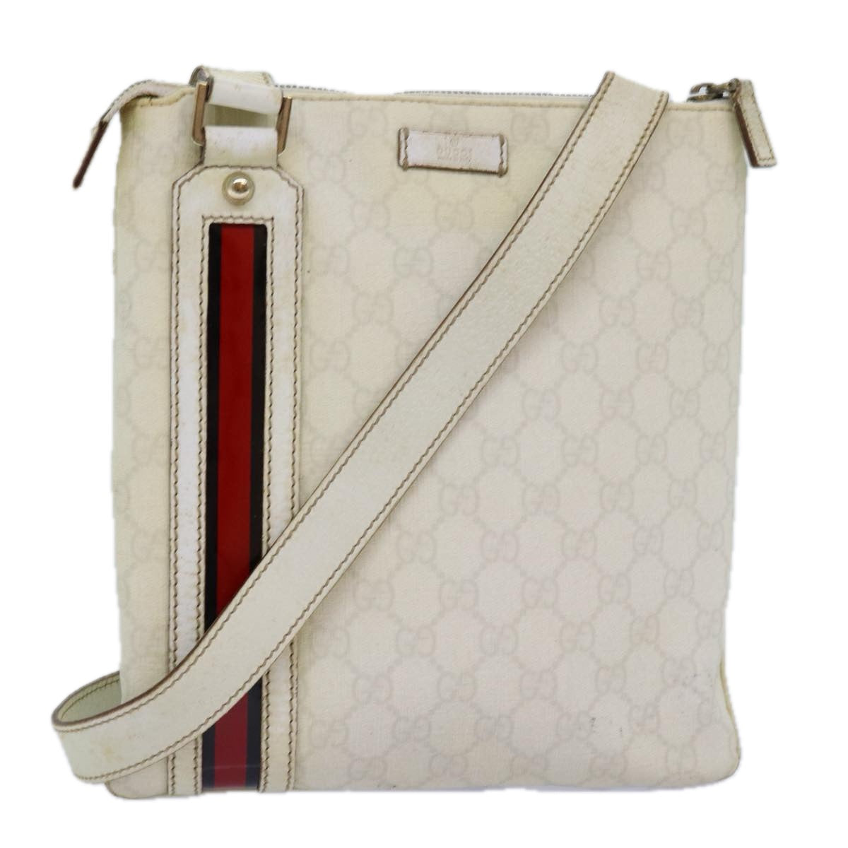 GUCCI GG Canvas Sherry Line Shoulder Bag PVC White Red Navy 153244 Auth 73983