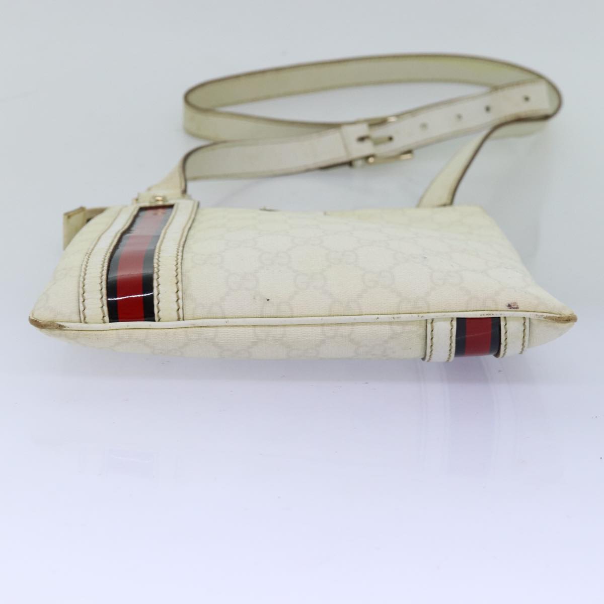 GUCCI GG Canvas Sherry Line Shoulder Bag PVC White Red Navy 153244 Auth 73983