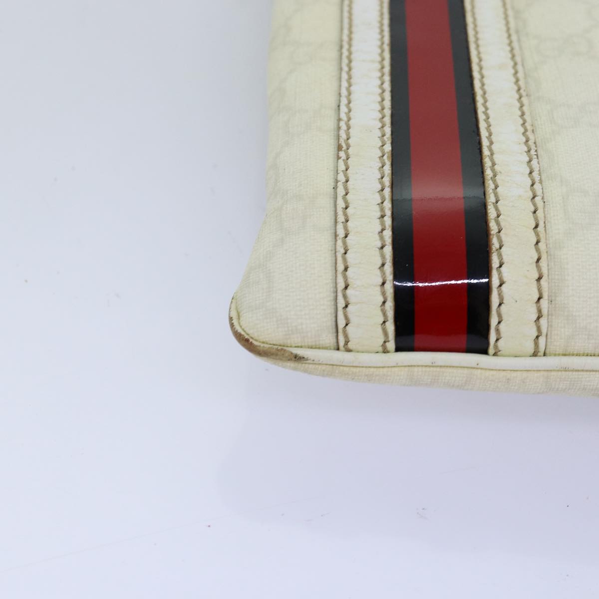 GUCCI GG Canvas Sherry Line Shoulder Bag PVC White Red Navy 153244 Auth 73983