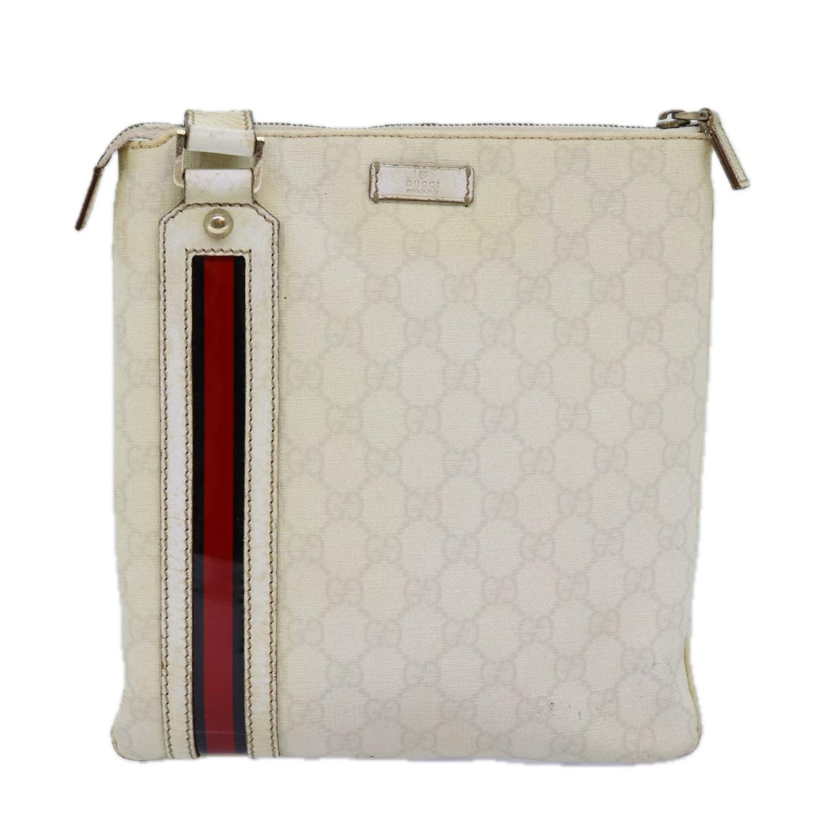 GUCCI GG Canvas Sherry Line Shoulder Bag PVC White Red Navy 153244 Auth 73983