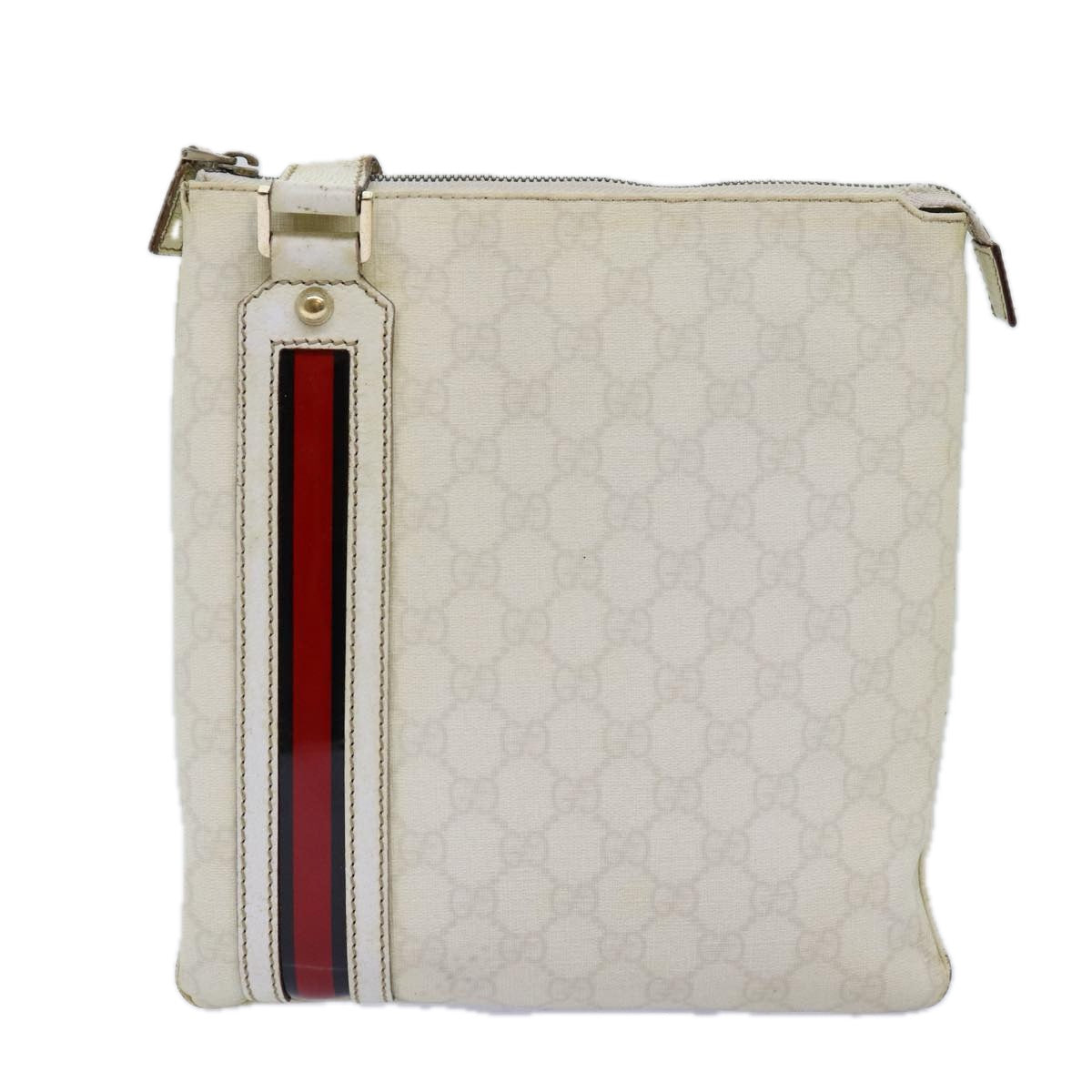 GUCCI GG Canvas Sherry Line Shoulder Bag PVC White Red Navy 153244 Auth 73983