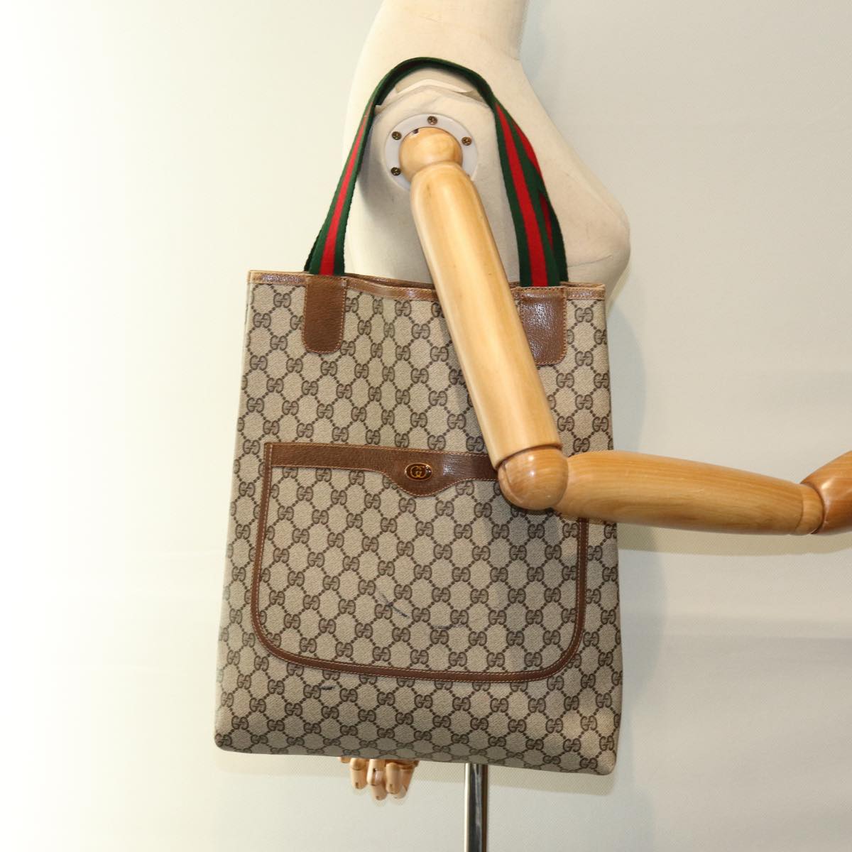 GUCCI GG Supreme Web Sherry Line Tote Bag Beige Red Green 001 080 494 Auth 73985