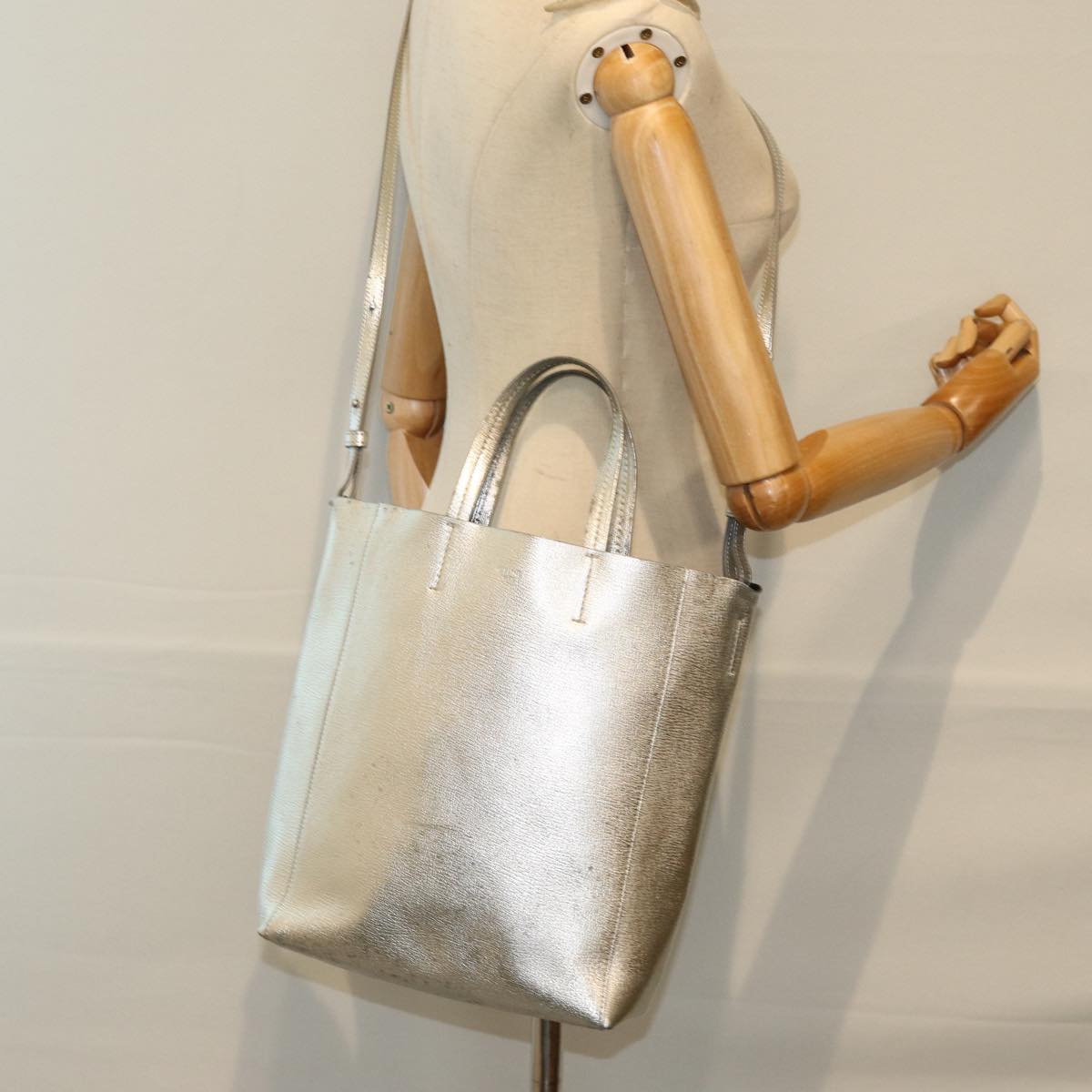 CELINE Hand Bag Leather 2way Silver Auth 74224