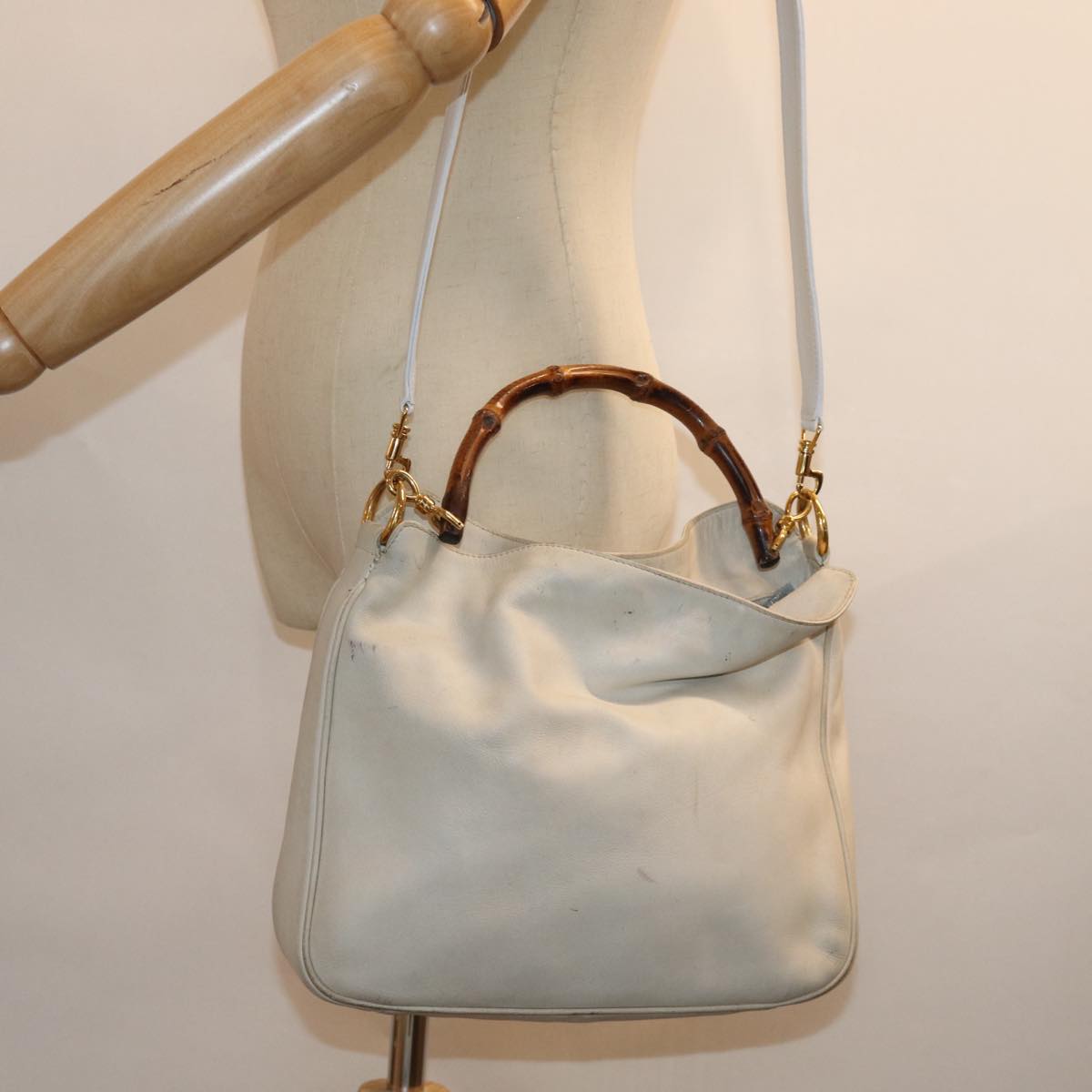 GUCCI Bamboo Shoulder Bag Leather 2way White 001 3444 1638 Auth 74231