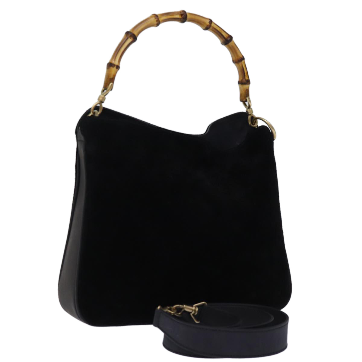 GUCCI Bamboo Shoulder Bag Suede 2way Black 001 1998 1638 Auth 74235