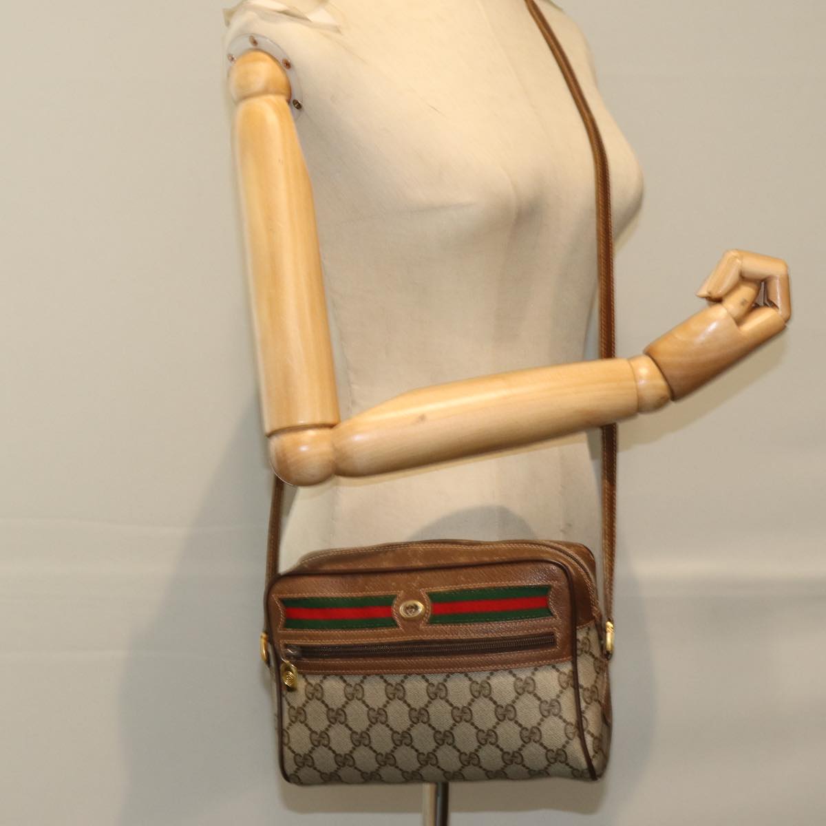 GUCCI GG Supreme Web Sherry Line Shoulder Bag PVC Beige 56 02 087 Auth 74416