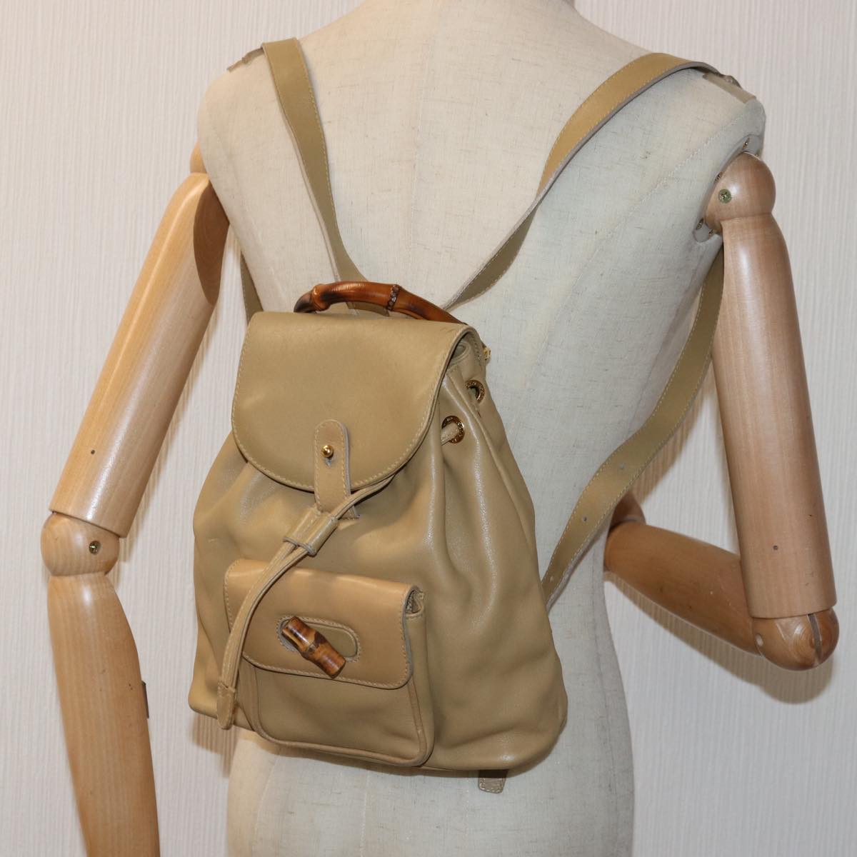 GUCCI Bamboo Backpack Leather Beige 003 2058 0030 Auth 74427