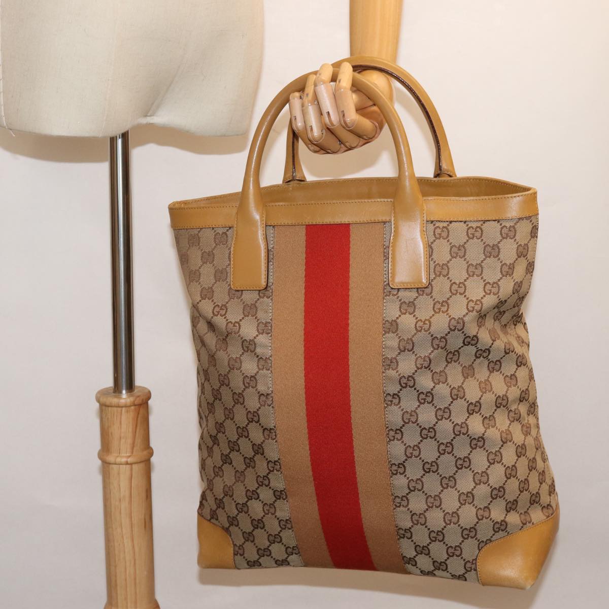 GUCCI GG Canvas Sherry Line Hand Bag Beige Red Brown 002 1093 Auth 74434