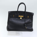 HERMES Birkin 35 Hand Bag Leather Black Gold Auth 74437-23