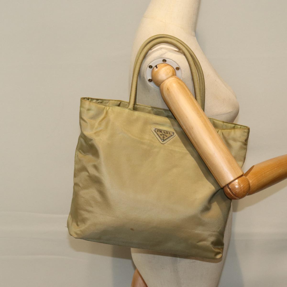 PRADA Tote Bag Nylon Beige Auth 74472