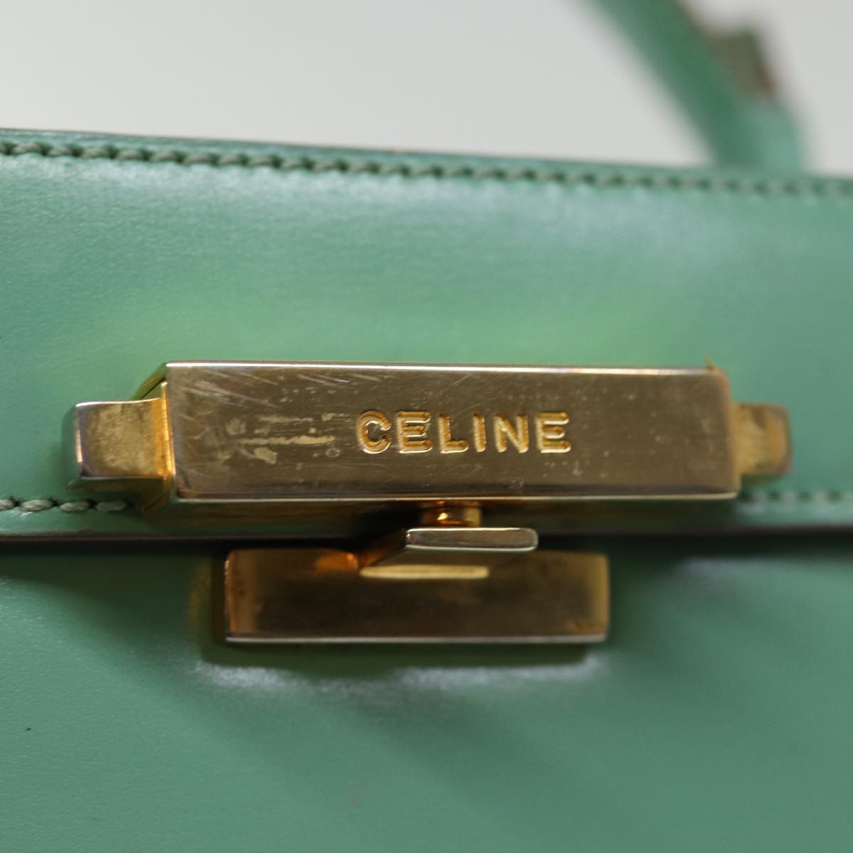 CELINE Vanity Cosmetic Pouch Leather Green Auth 74541