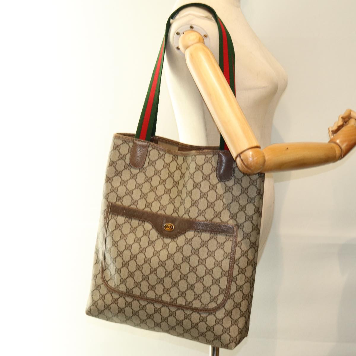 GUCCI GG Supreme Web Sherry Line Tote Bag PVC Beige Red 39 02 003 Auth 74551