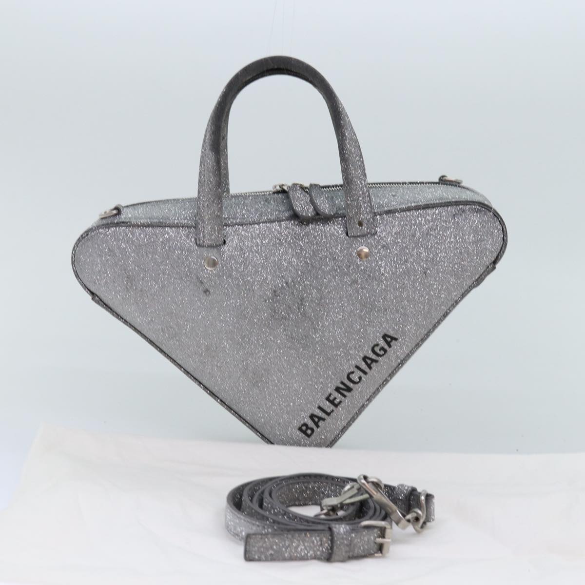 BALENCIAGA Triangle Duffle XS Hand Bag Leather 2way Silver 531048 Auth 74610