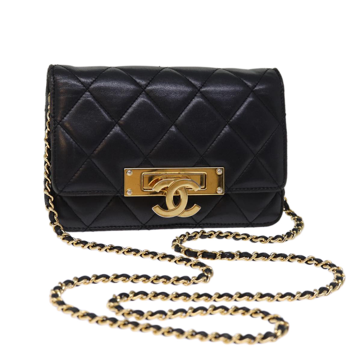 CHANEL Matelasse Chain Shoulder Bag Lamb Skin Black CC Auth 74611A