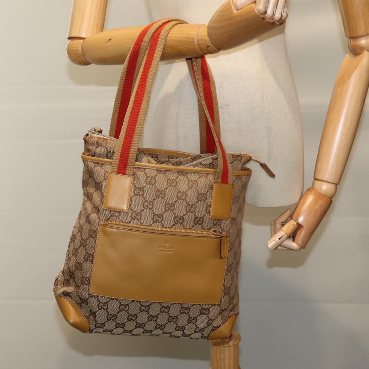 GUCCI GG Canvas Sherry Line Hand Bag Beige Red Brown 019 0402 1705 Auth 74648