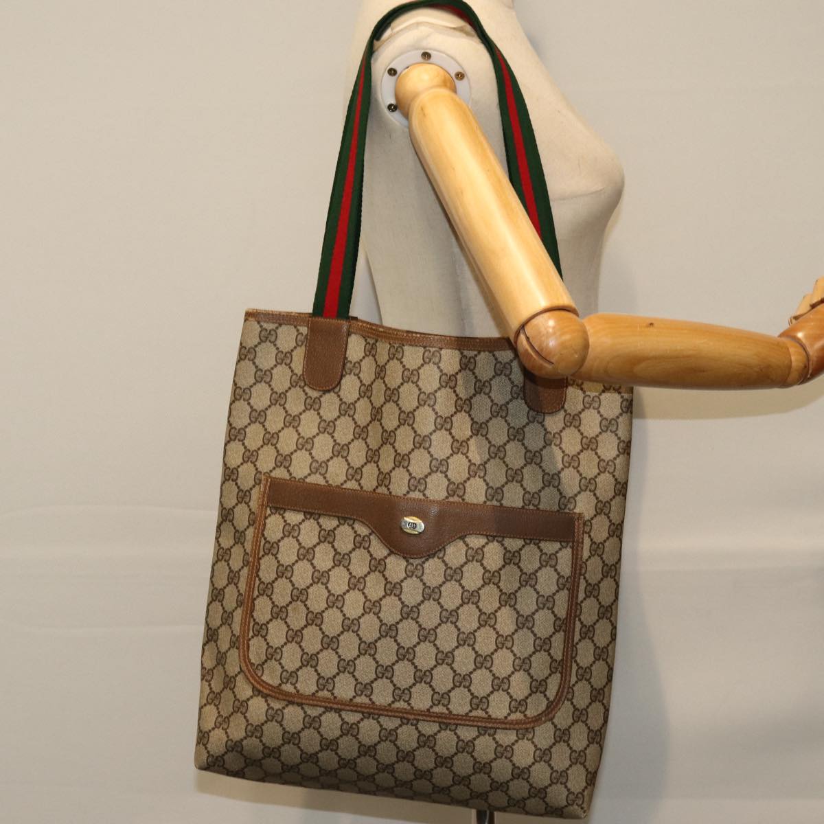 GUCCI GG Supreme Web Sherry Line Tote Bag PVC Beige Red 39 02 003 Auth 74650