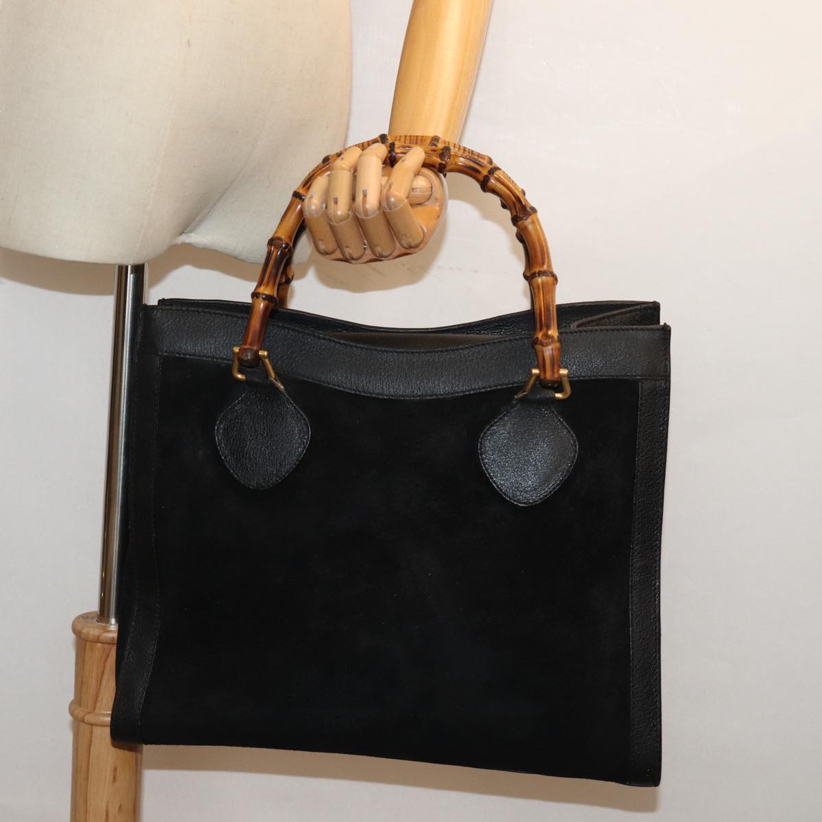 GUCCI Bamboo Tote Bag Suede Black 002 1186 0260 Auth 74664