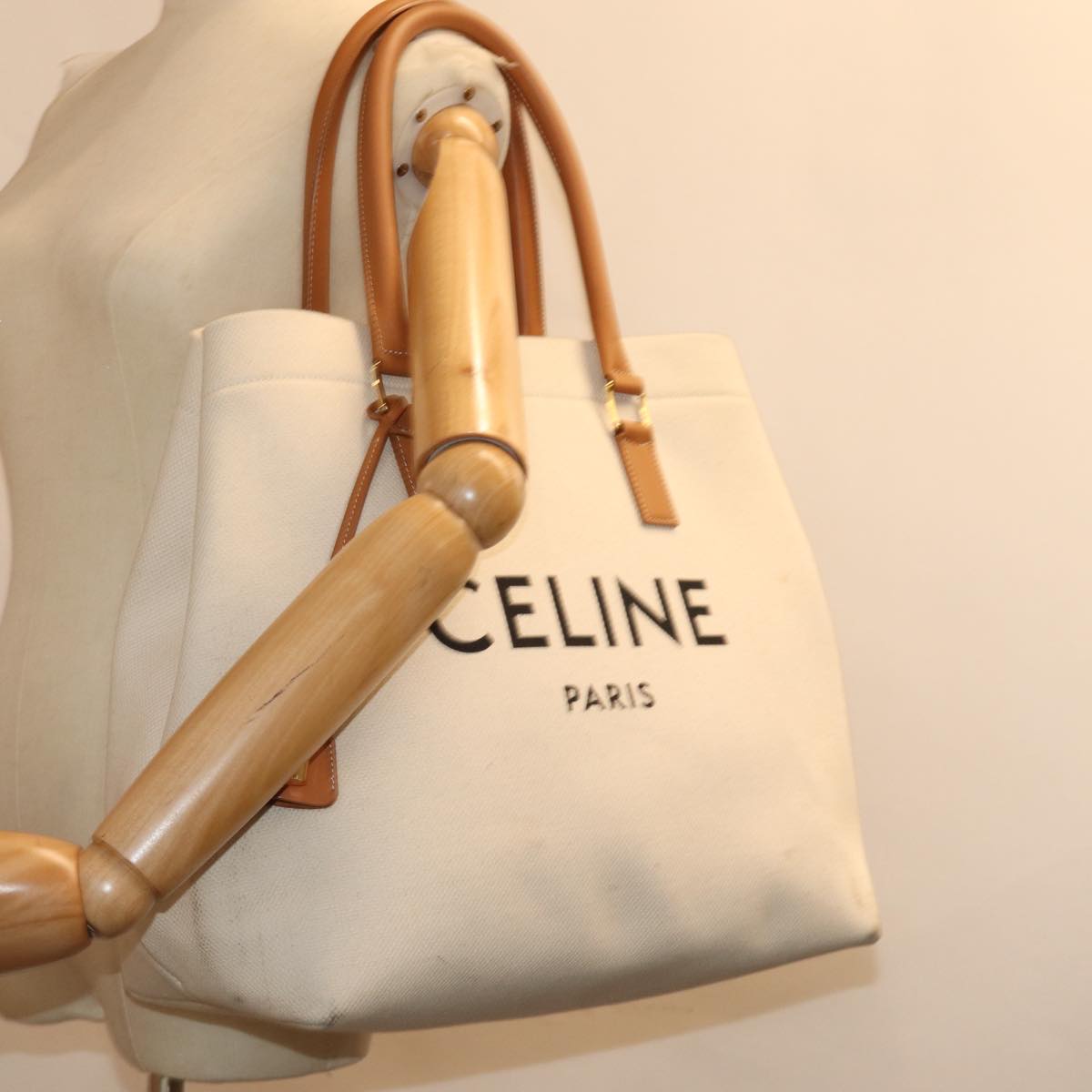 CELINE Horizontal Cabas Tote Bag Canvas Cream Auth 74667