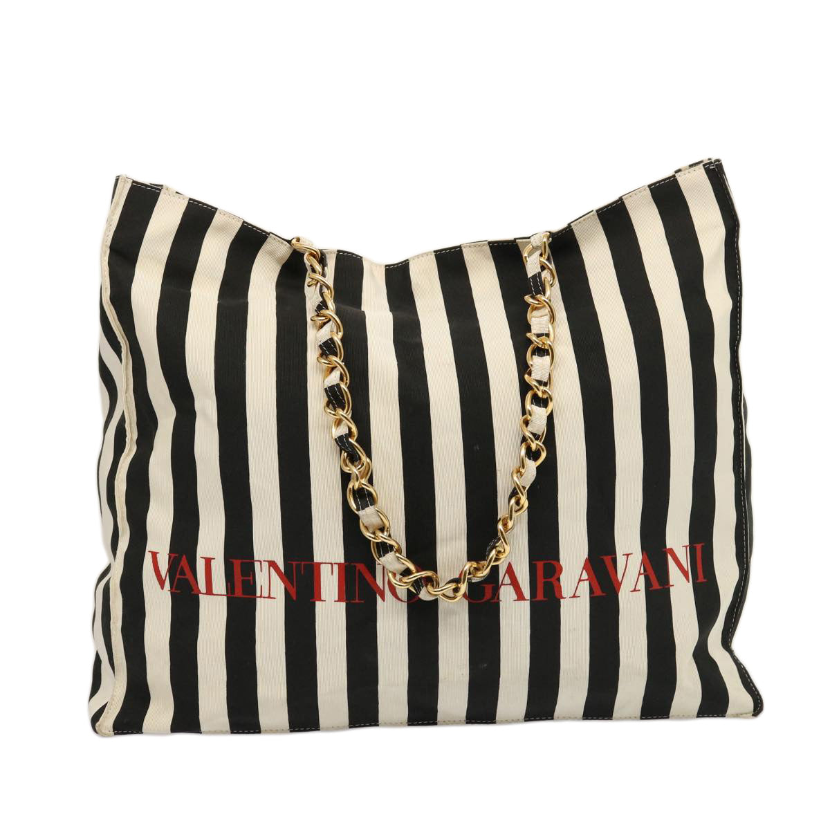 VALENTINO Chain Tote Bag Canvas Black White Auth 74670