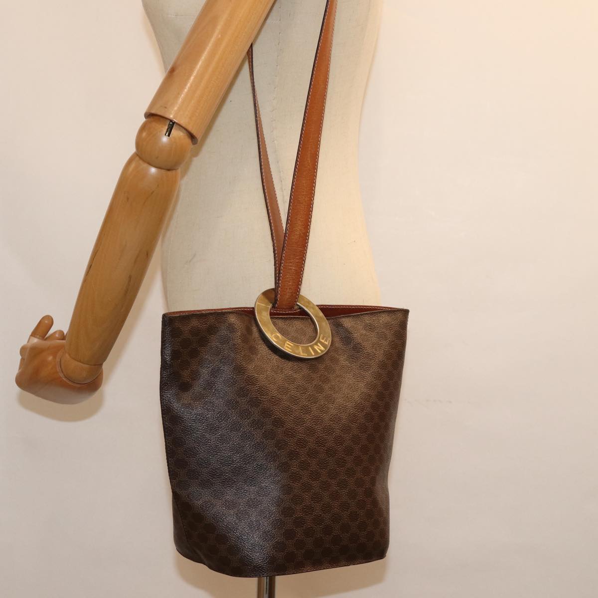 CELINE Macadam Canvas Shoulder Bag PVC Brown Auth 74685