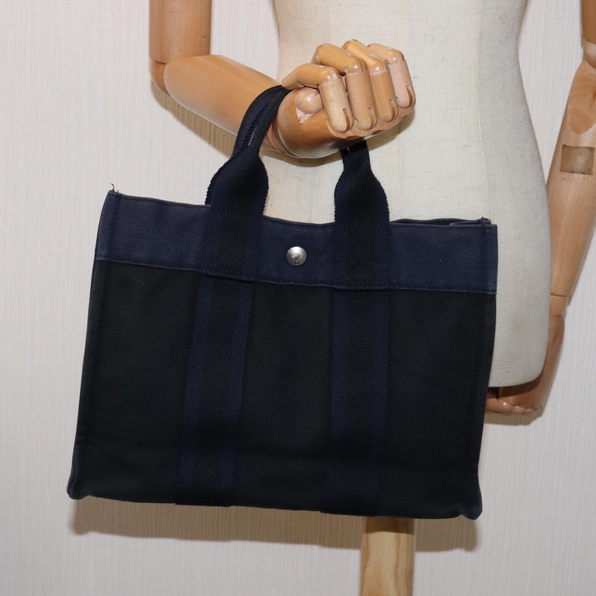 HERMES Fourre Tout PM Hand Bag Canvas Navy Black Auth 74686