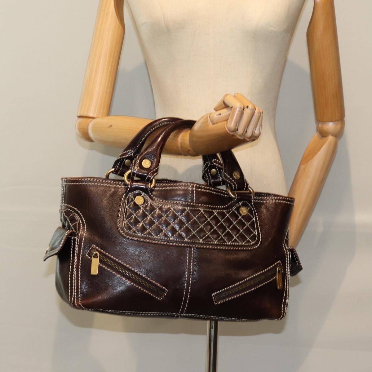 CELINE Hand Bag Leather Brown Auth 74692