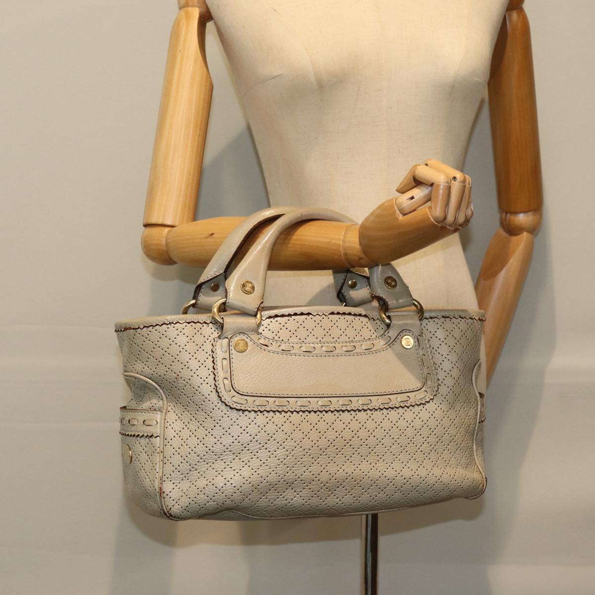 CELINE Hand Bag Leather Beige Auth 74693